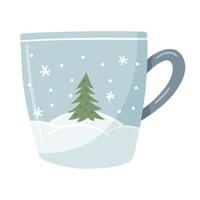 una taza azul con un paisaje invernal, ventisqueros y un árbol de navidad. una taza plana dibujada a mano con una bebida caliente. el elemento de diseño está aislado en un fondo blanco. ilustración vectorial de color. vector