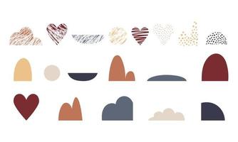 A set of abstract shapes, texture spots. Mountain, cloud, heart, sun, circle. Vector illustrations isolated on a white background.