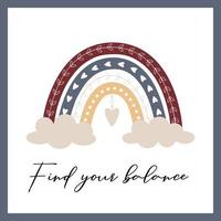 Square postcard with rainbow, heart and clouds. Boho rainbow with twigs and hearts. Find your balance. Inspiring, motivating poster. Vector illustration on a white background.