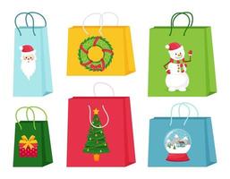 A set of gift or shopping bags with Christmas elements. Cute illustrations with characters and symbols of Christmas. Isolated vector illustrations on a white background.