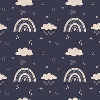 Vector Seamless pattern with boho rainbow, clouds, stars, rain on a dark background. Backdrop for wrapping paper, scrapbooking, fabric, baby textiles, wallpaper, pillows, stationery