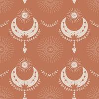 Vector Seamless pattern with mystical celestial symbols, crescent moon, twigs, sun, rays. Backdrop for wrapping paper, scrapbooking, fabric, textiles, wallpaper, pillows, stationary design