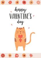 A greeting card with a cute, smiling cat holding a heart in its paws. A handwritten phrase Happy Valentine's Day. Hand lettering.Cartoon vector illustration isolated on a white background with flower