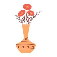 A bouquet with simple red flowers in a vase with stripes and hearts. Decorative element for Valentine's Day cards. Simple flat color vector illustration isolated on white background.