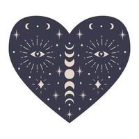 Symmetrical Mystical Heart with celestial elements, moon phases, crescent moon, stars, eye. Decorative element for Valentine's day cards, packaging design. Color vector illustration isolated on white.
