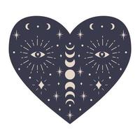 Symmetrical Mystical Heart with celestial elements, moon phases, crescent moon, stars, eye. Decorative element for Valentine's day cards, packaging design. Color vector illustration isolated on white.