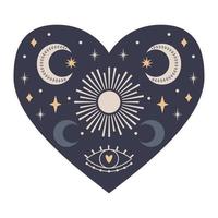 Symmetrical Mystical Heart with celestial and boho elements, moon, sun, stars, eye. Decorative element for Valentine's day cards, packaging design. Color vector illustration isolated on white.