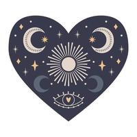 Symmetrical Mystical Heart with celestial and boho elements, moon, sun, stars, eye. Decorative element for Valentine's day cards, packaging design. Color vector illustration isolated on white.