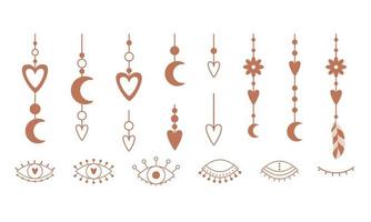 A set of hanging boho elements with hearts, a crescent moon, flowers. Open, closed eyes, . Outline decorative elements. Vector illustrations isolated on a white background.'