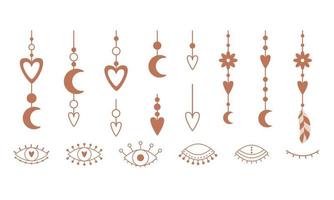 un conjunto de elementos boho colgantes con corazones, luna creciente, flores. ojos abiertos, cerrados, . esbozar elementos decorativos. ilustraciones vectoriales aisladas en un fondo blanco.' vector