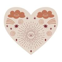 Symmetrical Mystical Heart with celestial and boho elements, clouds, comet, stars, eye. Decorative element for Valentine's day cards, packaging design. Color vector illustration isolated on white.