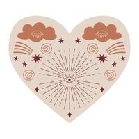 Symmetrical Mystical Heart with celestial and boho elements, clouds, comet, stars, eye. Decorative element for Valentine's day cards, packaging design. Color vector illustration isolated on white.