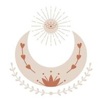 Boho, celestial element. A crescent moon with twigs, the sun and an open outline eye. A mystical, esoteric, mysterious symbol. Vector decorative element. Illustration is isolated on a white background