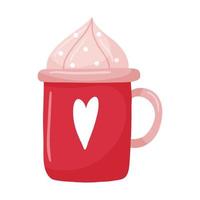 A red mug with a heart. A hand-drawn flat cup with a hot drink and whipped cream. The design element is isolated on a white background. Color vector illustration.