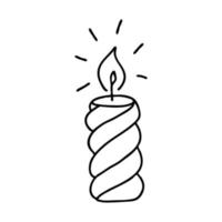 Burning candle in Doodle style. The sketch is hand-drawn and isolated on a white background. Element of new year and Christmas design. Outline drawing. Black-white vector illustration.