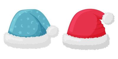 Santa's hat is red and blue with a pattern, fur and a pompom. The winter accessory for the head in flat style isolated on white. Elements of clothing for design of winter, New year and Christmas vector