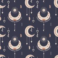 Vector seamless pattern with mystical celestial elements, crescent moon, dreamcatcher, sun, hanging feathers. Backdrop for wrapping paper, scrapbooking, fabric, textiles, wallpaper, pillows.