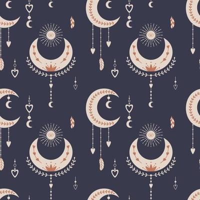 Vector seamless pattern with mystical celestial elements, crescent moon, dreamcatcher, sun, hanging feathers. Backdrop for wrapping paper, scrapbooking, fabric, textiles, wallpaper, pillows.