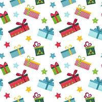 Bright seamless pattern with multi-colored gift boxes with bows on a white background. Great for wrapping paper. Flat objects are isolated and hidden under a mask. Easy to edit. Vector illustration