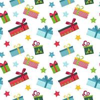 Bright seamless pattern with multi-colored gift boxes with bows on a white background. Great for wrapping paper. Flat objects are isolated and hidden under a mask. Easy to edit. Vector illustration