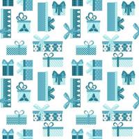 Seamless pattern with gift boxes with bows in blue tones on a white background. Great for wrapping paper. Flat objects are isolated and hidden under a mask. Easy to edit. Vector illustration