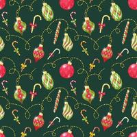 Seamless pattern with Christmas tree toys and candy canes on a dark green background. Great for wrapping paper. Flat objects are isolated and hidden under a mask. Easy to edit. Vector illustration