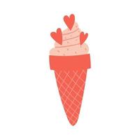 Pink ice cream in a waffle cone with hearts. Sweet food. A decorative element for Valentine's Day. Simple flat color vector illustration isolated on white background.