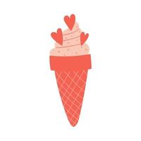 Pink ice cream in a waffle cone with hearts. Sweet food. A decorative element for Valentine's Day. Simple flat color vector illustration isolated on white background.