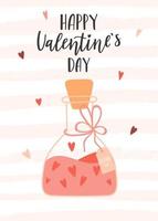 Valentine's Day card with a love elixir in a flask and a label and a handwritten phrase - Happy Valentine's Day. Symbol of love, romance. Color flat vector illustration on striped texture background.