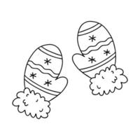 Mittens with fur and snowflakes in Doodle style. The sketch is hand-drawn and isolated on a white background. Element of new year and Christmas design.Outline drawing. Black-white vector illustration.