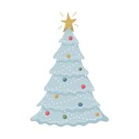 A decorated Christmas tree with a garland, a star and toys. Pastel blue color. Hand-drawn flat Christmas attribute, design element isolated on a white background. Color vector illustration.