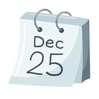 A tear-off calendar with a date of December 25. Christmas Eve. The design element is hand drawn in a flat cartoon style is isolated on a white background. Color vector illustration.