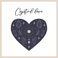 Square postcard with outline crystals, sun, stars on a blue heart shape background. Mysterious, mystical symbols. Crystal love. A card with boho, celestial elements.Color vector illustration on white.