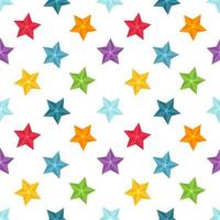 Bright seamless pattern with multi-colored stars on a white background. Great for wrapping paper, gift boxes, fabric. Flat - style objects are isolated and hidden under a mask. Vector illustration.
