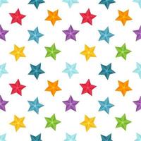 Bright seamless pattern with multi-colored stars on a white background. Great for wrapping paper, gift boxes, fabric. Flat - style objects are isolated and hidden under a mask. Vector illustration.