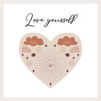 Square symmetrical postcard with the sun and rays, stars, closed eyes on the heart shape. Mysterious, mystical, boho, celestial symbols. Love yourself. Inspiring poster. Vector on a white background.