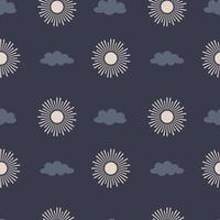Vector Seamless pattern with simple celestial elements, sun, cloud. Minimalistic backdrop on a dark blue background. Great for wrapping paper, textiles, fabric, scrapbooking and pillows.