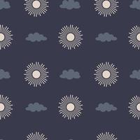 Vector Seamless pattern with simple celestial elements, sun, cloud. Minimalistic backdrop on a dark blue background. Great for wrapping paper, textiles, fabric, scrapbooking and pillows.