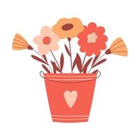 Flower arrangement, bouquet in a bucket with heart. Botanical composition with cute sinple flowers in cartoon style. Color vector illustrations isolated on a white background.