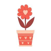 A simple abstract flower in a pot with a heart. A houseplant with a bud and leaves. A decorative element for Valentine's day cards. Color vector illustrations isolated on a white background.