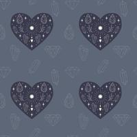 Vector seamless pattern with creative hearts with outline crystals, herbs, sun, stars. Mystical elements on a blue background. For wrapping paper, scrapbooking, fabric, wallpaper, pillows, stationery