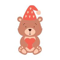 un lindo oso con sombrero se sienta y sostiene un corazón en sus patas. un personaje de dibujos animados, un elemento decorativo para las tarjetas de san valentín. ilustración vectorial de color aislada en un fondo blanco. vector