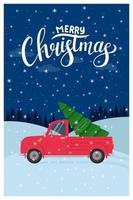 Template for a new year, Christmas greeting card with a handwritten inscription Merry Christmas. Truck with a Christmas tree on the background of snow drifts and forests. Concept. Flat. Cartoon