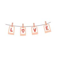 String with flags with the word Love. Cards with letters on clothespins. A decorative element for Valentine's Day. Simple flat color vector illustration isolated on white background.