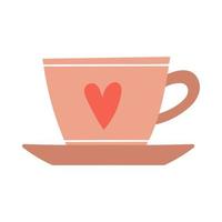A simple cute coffee cup with a heart and a saucer. Cute decorative element. Vector illustration isolated on a white background.