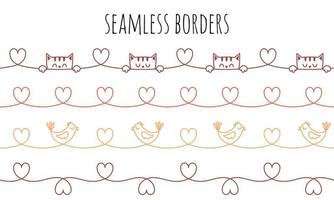 Horizontal seamless borders with linear cats, birds and hearts. A simple decorative element for frames. A set of color vector border isolated on a white background.