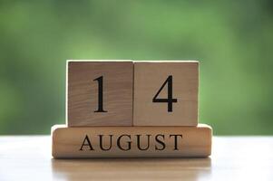 14 de agosto texto de fecha de calendario en bloques de madera con parque de fondo borroso. copie el espacio y el concepto de calendario foto