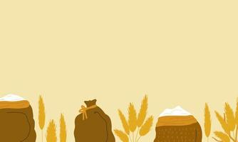 Vector set of wheat ears, rye bouquets, bags of flour, sugar, wheat germ grains. Cute and flat style. Beautiful illustration for creating design, stickers, wrappers, postcards, banners, websites.