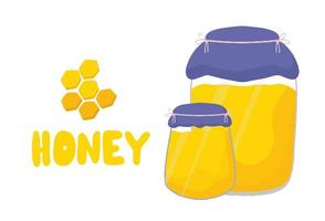 Beautiful poster, banner with jar full of honey. Honeycomb lettering inscription honey. Vector images in a cartoon, flat style. Hand-drawn illustrations. The concept of collecting and selling honey