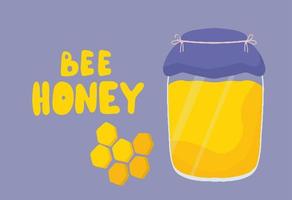 Beautiful poster, banner with jar full of honey. Honeycomb lettering inscription honey. Vector images in a cartoon, flat style. Hand-drawn illustrations. The concept of collecting and selling honey